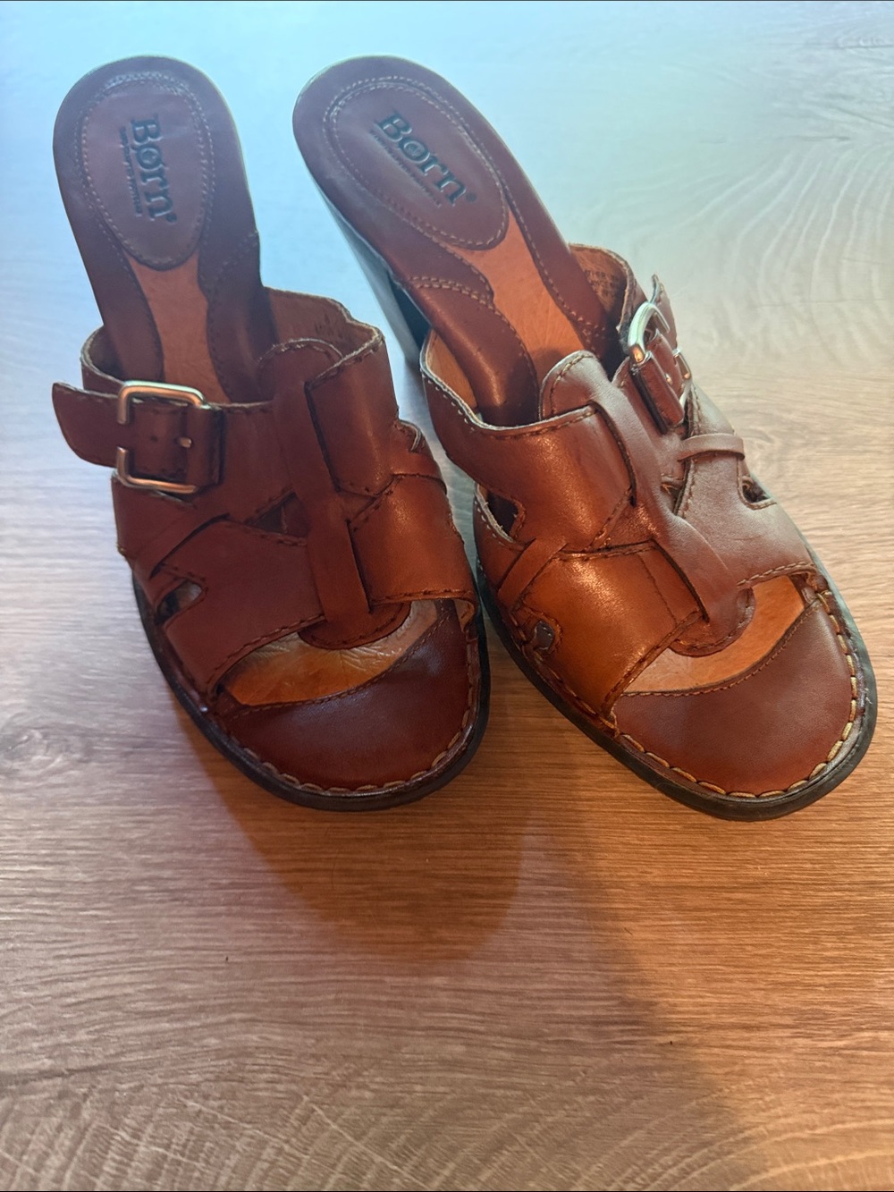 Born Cognac Leather Buckle Slide Sandals
